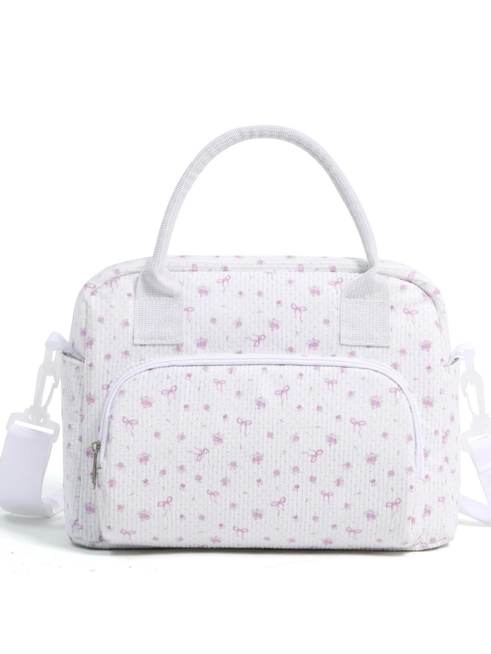 Brand New! White and Purple Floral Bow Print Women’s Insulated Lunch Tote